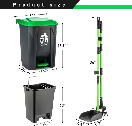 MXF long handle stainless steel rake and metal tray scooper standing next to the waste bin