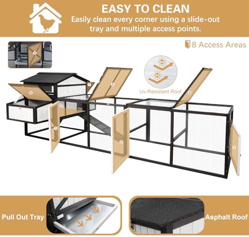 PetsCosset 116" L Large Chicken Coop and Run, Hen House with 4 Nesting Box Boxes, Rabbit Hutch Poultry Bunny Cage for 4-6 Chickens with 4 Perches, Removable Tray and Ramp and UV-Resistant Roof Panel - Image 5