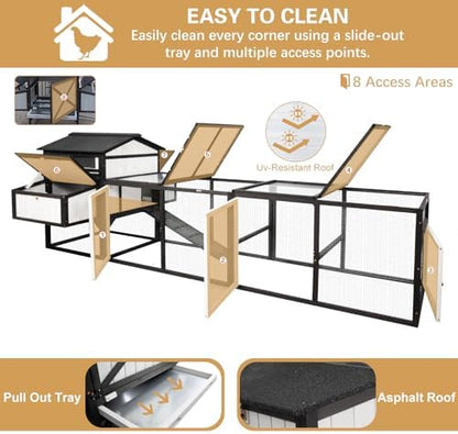 PetsCosset 116" L Large Chicken Coop and Run, Hen House with 4 Nesting Box Boxes, Rabbit Hutch Poultry Bunny Cage for 4-6 Chickens with 4 Perches, Removable Tray and Ramp and UV-Resistant Roof Panel - Image 5