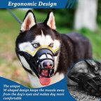 Barkless humane cage muzzle packaging layout with sizing instructions