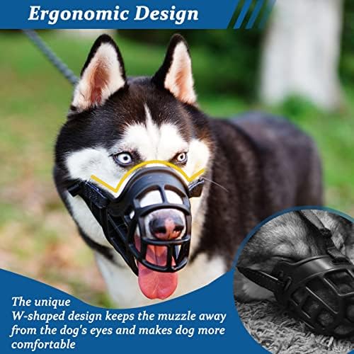 Barkless humane cage muzzle packaging layout with sizing instructions