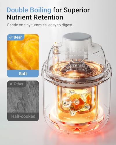 Bear all-in-one baby food grinder showing the three stage texture options for different infant growth milestones