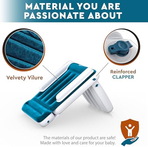 Compact folded view of the blue inflatable airplane bed next to its travel pouch.