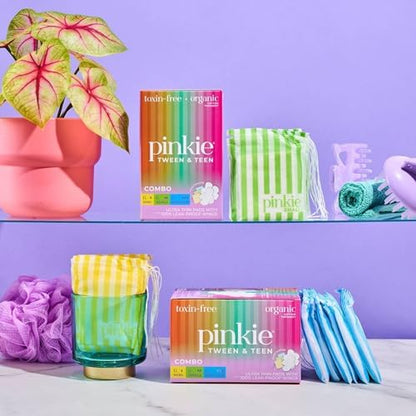 Pinkie organic cotton teen pads with wings showing different sizes.