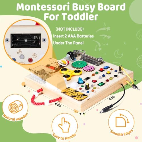 Rear view of the premium wooden busy board illustrating the secure battery compartment and smooth finish edges.