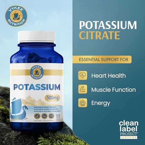 Vykee Nutrition Potassium supplement 120 vegan capsules packaging highlighting heart health benefits