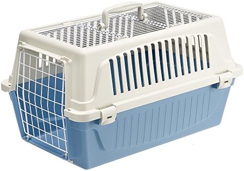 Ferplast hard sided pet travel crate top view highlighting the open mesh wire access hatch and foldable handle.