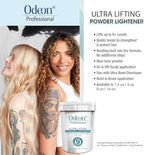 Odeon professional lifting powder shown next to application tools to emphasize the complete hair lightening kit concept.