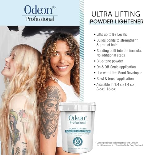 Odeon professional lifting powder shown next to application tools to emphasize the complete hair lightening kit concept.