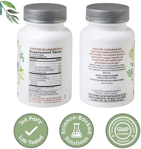Quantum Health Macula 30 Plus bottle showing Lutein and Zeaxanthin content