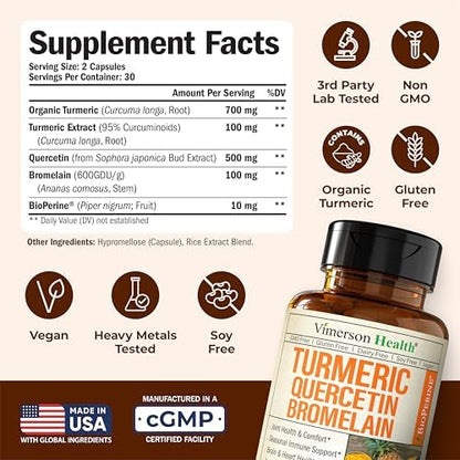 Vimerson Health organic turmeric curcumin capsules displaying premium allergy and joint relief formula benefits