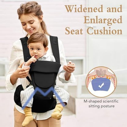 Detailed view of foldable neck support on black baby carrier