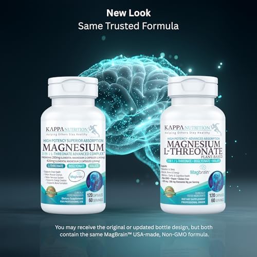 Side angle of Kappa Nutrition 3 in 1 magnesium L-Threonate vegan capsules bottle.