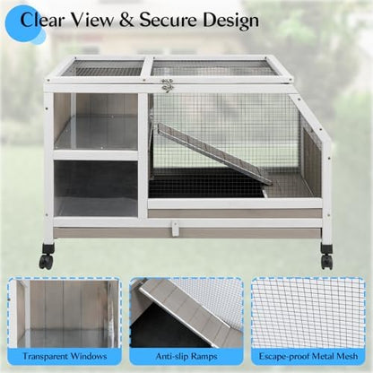 36''L Rabbit Hutch Outdoor with Casters and Run, Wooden Indoor 2 Story Guinea Pig Cage with Divider Panel, Pull Out Tray, Rabbit Duck Bunny House for Small to Medium Animals and Pet Lover, Gray - Image 4