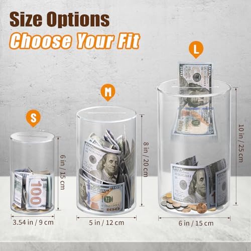 Hicocool unopenable savings jar showing cash and coins accumulating inside the thick clear acrylic container
