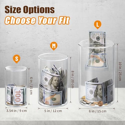 Hicocool unopenable savings jar showing cash and coins accumulating inside the thick clear acrylic container