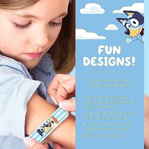 Latex free flexible bandages featuring Bluey cartoon graphics
