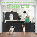 Durable scratch-resistant mesh barrier protecting a pet dog at the bottom of a staircase.