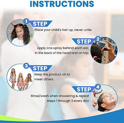 Plant-based non-toxic lice scare away spray application on hair scalp