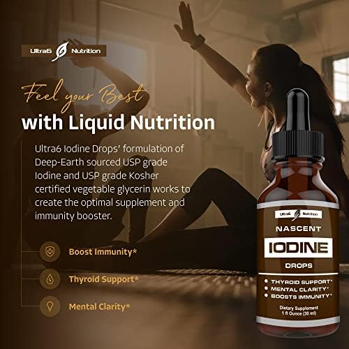 Ultra6 Nutrition liquid iodine supplement 30ml packaging displayed clearly to verify authenticity and product dimensions.
