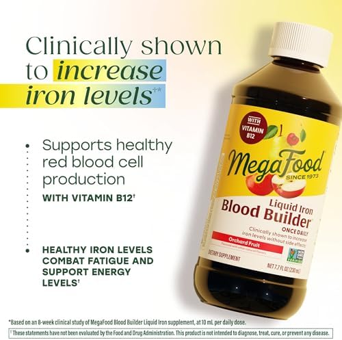 MegaFood Blood Builder dietary supplement bottle showing orchard fruit flavor details.