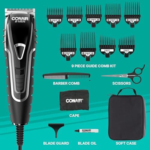 Conair home haircutting kit displayed with all sixteen pieces including guide combs and scissors