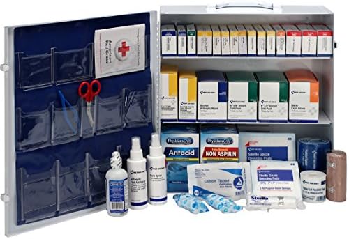 Close up of ANSI B+ compliant bandages and ointments inside the steel cabinet