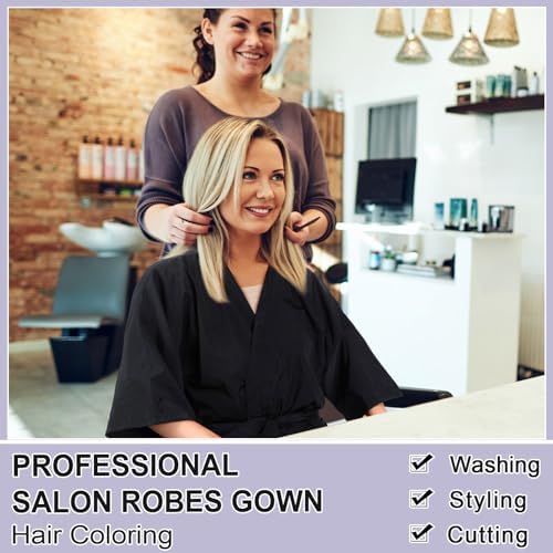 Syhood kimono style salon smock being worn