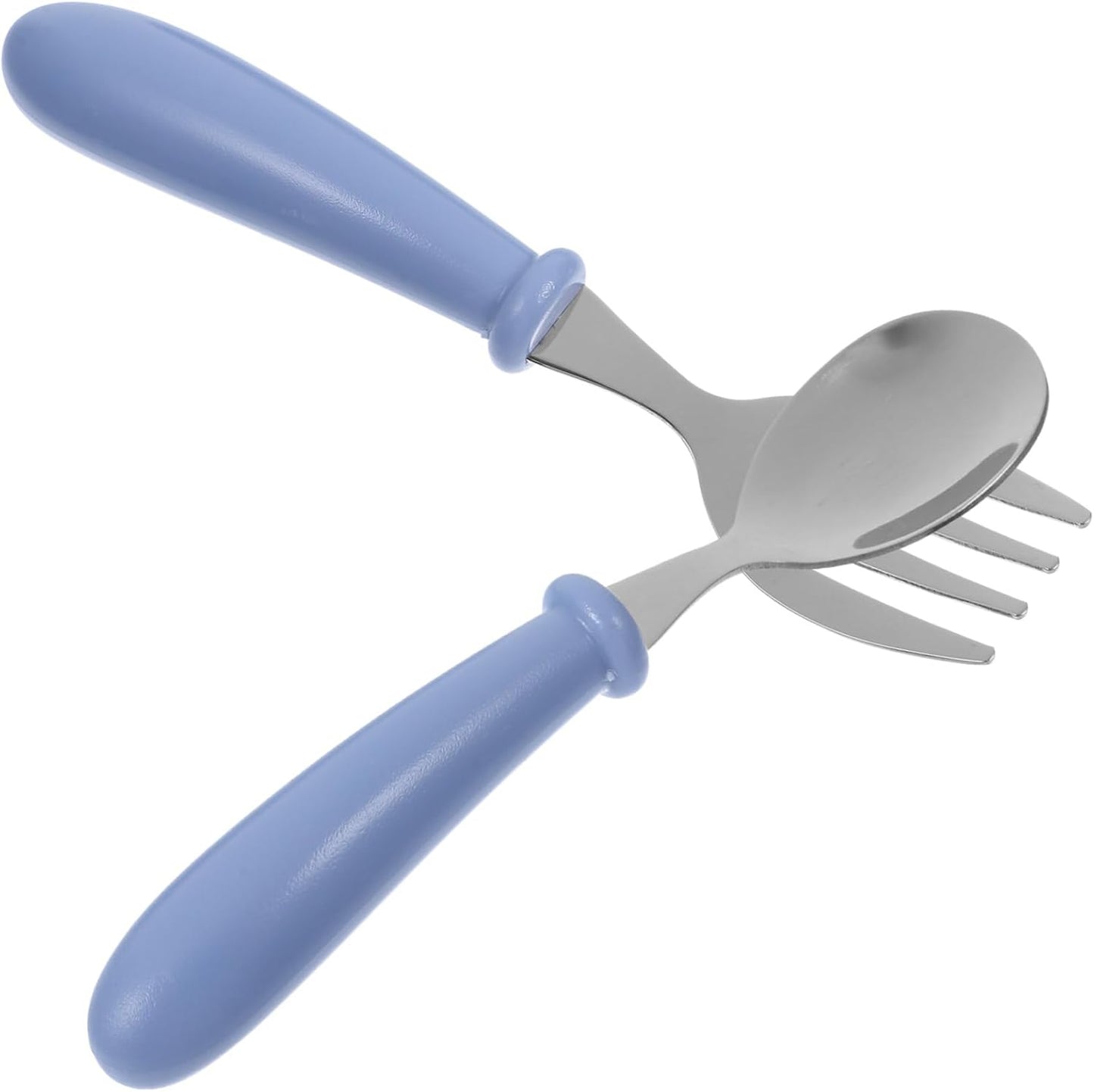 CIMAXIC stainless steel baby utensils front view showing blue spoon and fork set
