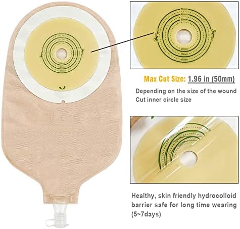 Carbou medical stoma pouches arranged with the included measuring card and precision cutting tool.