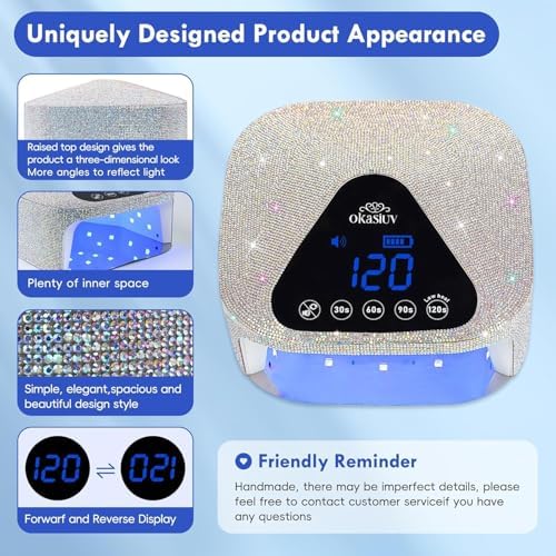 Okasiuv rechargeable nail lamp showing battery indicator on screen
