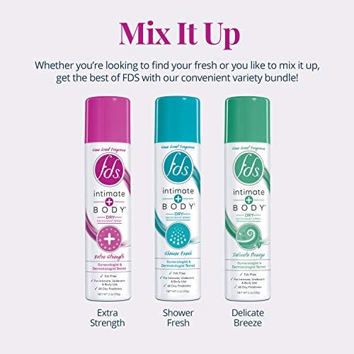 FDS intimate plus body dry deodorant spray labels highlighting talc-free and pH-balanced features.
