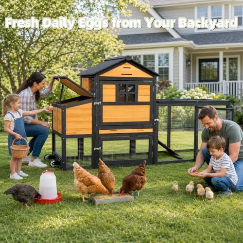 Chicken Coop with Run for 4-6 Chickens, Outdoor Mobile Hen House with Wheels, Easy Clean Nesting Box and Tray, Waterproof Asphalt Roof, Better Airflow, Wooden Poultry Cage, Brown, 81.5"x25.6"x44.1" - Image 3