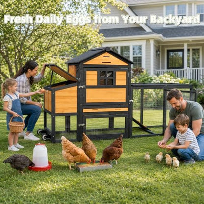 Chicken Coop with Run for 4-6 Chickens, Outdoor Mobile Hen House with Wheels, Easy Clean Nesting Box and Tray, Waterproof Asphalt Roof, Better Airflow, Wooden Poultry Cage, Brown, 81.5"x25.6"x44.1" - Image 3