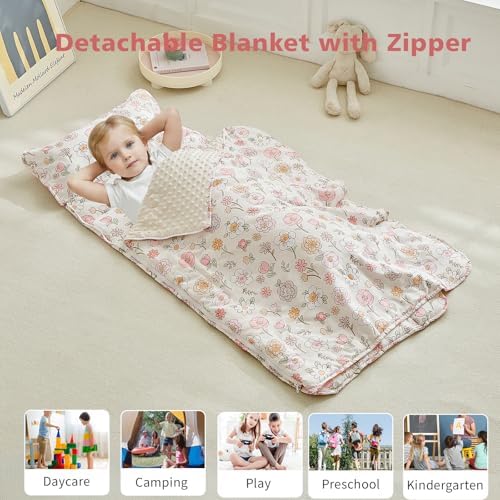 Daycare slumber bag for girls rolled up with hook-and-loop fasteners