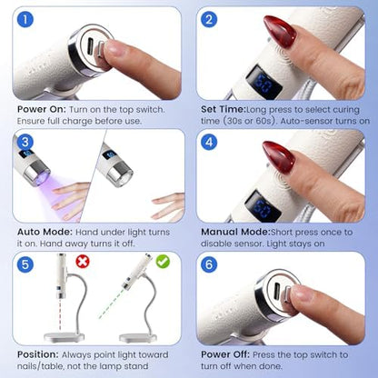 Compact Rosiour travel nail lamp shown next to a handbag to emphasize its portable size for on-the-go beauty.