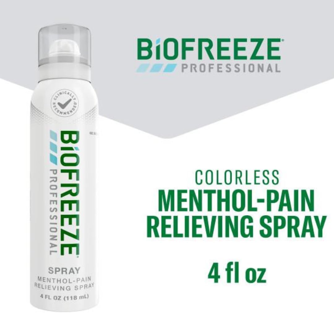 Back label of Biofreeze professional topical analgesic spray displaying 10.5 percent menthol active ingredient.
