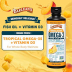 Barlean's liquid omega 3 supplement bottle showing nutrition facts and serving size details