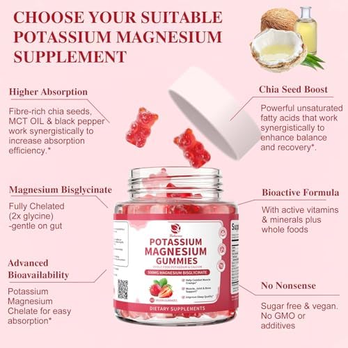 Lukaree potassium and magnesium supplement bottles displaying plant potassium and chia seed ingredients.