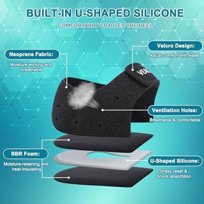 Black breathable fabric heel cushion inserts for Achilles tendonitis.