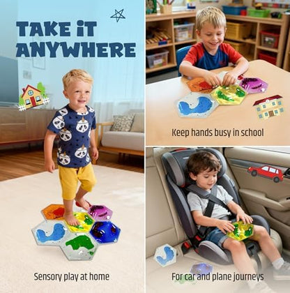 Jumble Dream sensory toys packaging contents highlighting the blue red green yellow orange and magenta variations.