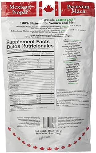 Quilom Leonflax high fiber omega dietary supplement bag showing ingredient list and nutritional facts