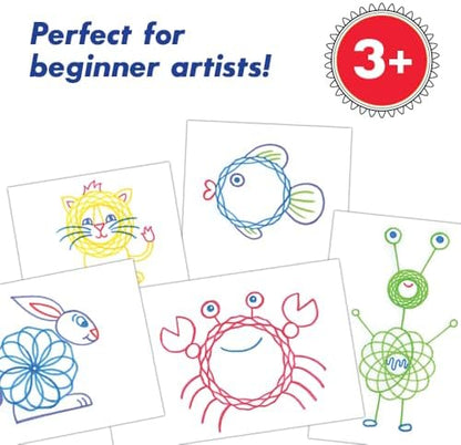 Child creating spiral geometric art using jumbo sized gears
