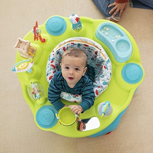 Close up of wiggle fish toy on Evenflo baby saucer