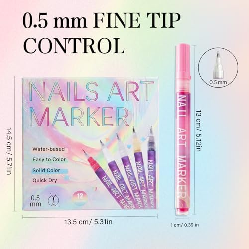 12 Colors Nail Art Pens Set, 2025 Upgrade Nail Art Markers, 0.5mm Fine Tip DIY Quick Dry Graffiti Dotting & Liner Pens for Gel Nails, 3D Nail Polish Pens for Painting, Nail Art Drawing Tool (1 Set) - Image 3