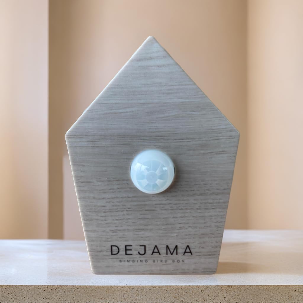 Dejama Singing Bird Box natural wood finish front view showing motion sensor for bathroom relaxation