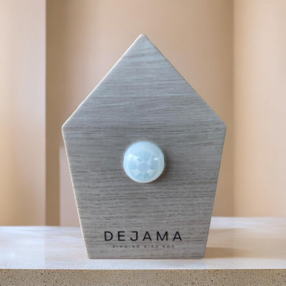 Dejama Singing Bird Box natural wood finish front view showing motion sensor for bathroom relaxation