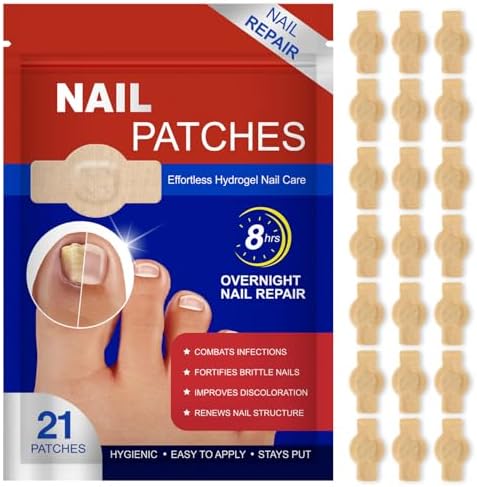 Close up of an eight hour overnight extra strength nail repair patch applied to a toenail.