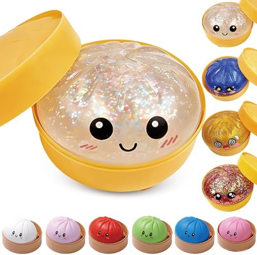 Kangerse 2026 upgrade glitter dumpling squishy stress ball front view inside its authentic steamer box container.