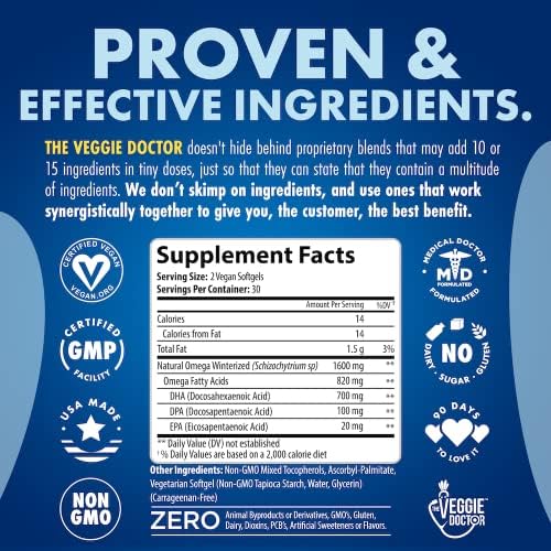 The Veggie Doctor Qwell Vegan Omega 3 dietary supplement supplement facts panel detailing DHA EPA DPA concentrations